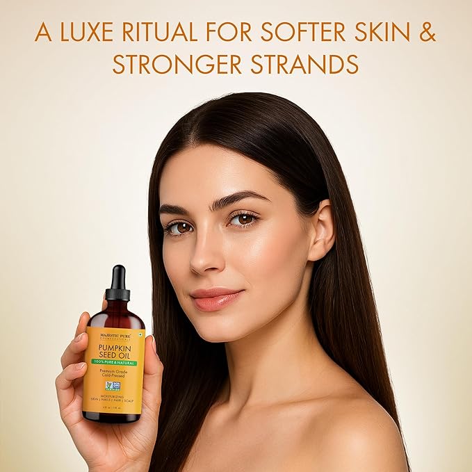 Majestic Pure Pumpkin Seed Oil - 100% Pure & Natural - Premium Grade, Cold Pressed, Hexane Free - Hair, Eyelashes, Eyebrows, Nails - Moisturizing & Nourishing - 4 Fl Oz