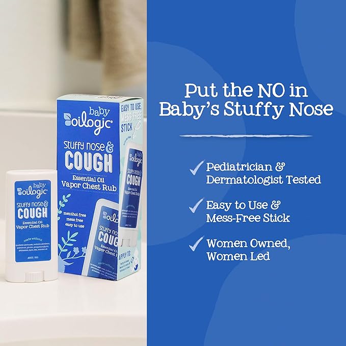 Oilogic Stuffy Nose & Cough Chest Vapor Rub Essential Oil for Babies & Toddlers - Gentle Baby Essentials Soothe Cough & Stuffy Noses - Pediatrician-Tested & Safe for Babies, .42 Oz