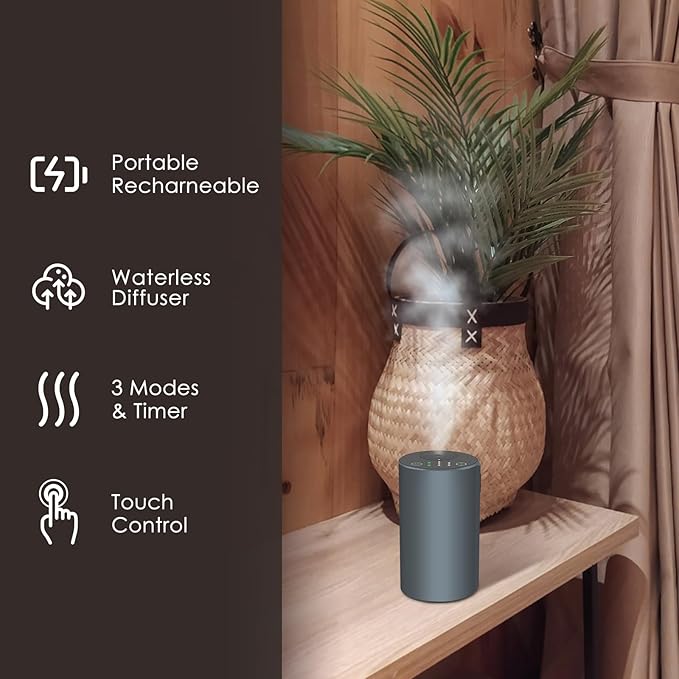 Waterless Essential Oil Diffuser, 7 Colors LED Light, Battery Powered Mini Scent Air Machine, Aromatherapy Mist Diffuser for Home Room Car Office，Black Aluminum Alloy (Grey)