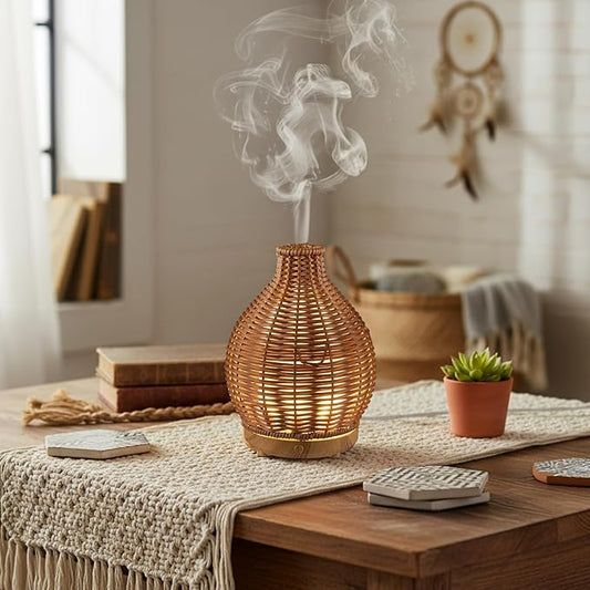 Copkim Essential Oil Diffuser Rattan Woven Boho Aroma Humidifier 80ml Ultrasonic Aromatherapy Diffuser with Timer and Waterless Auto-Off 2 Mist Modes Noiseless Warm Light for Home Office Bedroom
