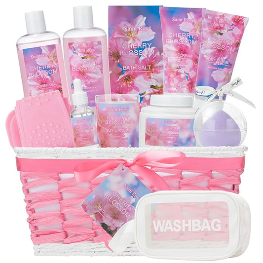 Mothers Day Gifts for Women, 13Pcs Bath & Body Gift Set Basket for Women, Cherry Blossom Bath and Body Gift, spa kit, Self Care Pampering Kit, Diffuser, Home Spa, cosmetic Bag, Birthday, Bridal Shower