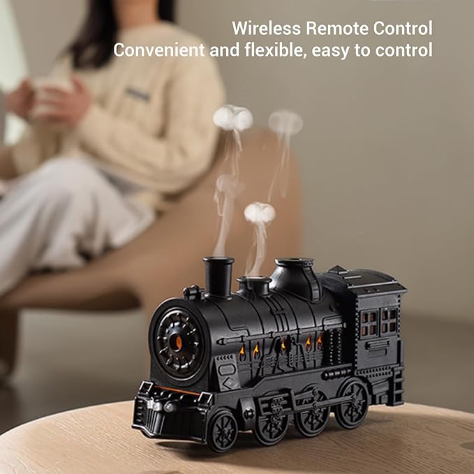 EBTOOLS 300Ml 8W Train Shaped Humidifier With Night Light, Dual Spray Modes, Warm and Cool Blue Light, Low Noise, Essential Oil Diffuser, Misting Function, Cool Mist Humidifier (Black)