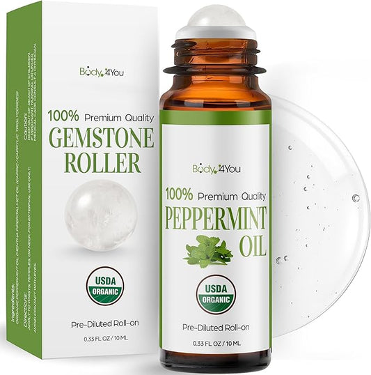 Peppermint Essential Oil Roll On for Nausea Relief Morning Sickness Pregnancy - 100% Pure USDA Organic MCT Coconut Oil - Headache Migraine Pregnant Women Safe Cooling - Gemstone Roller 10ml Travel