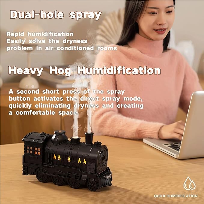 300ML Vintage Train Diffuser, Cool Mist Humidifier with Dual Modes, LED Light, Auto Shut-Off for Bedroom Office (Silver, Without Remote Control)