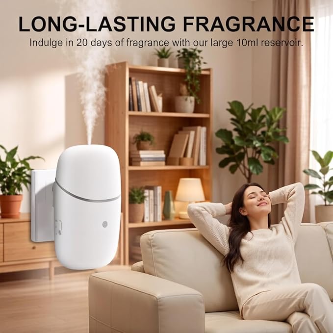Plug in Diffuser, Waterless Diffuser with Low/High Switch, Essential Oil Diffuser with Night Light, Up to 500 Sq. Ft, Small Wall Scent Diffuser for Home, Living Room, Bedroom, Bathroom, White