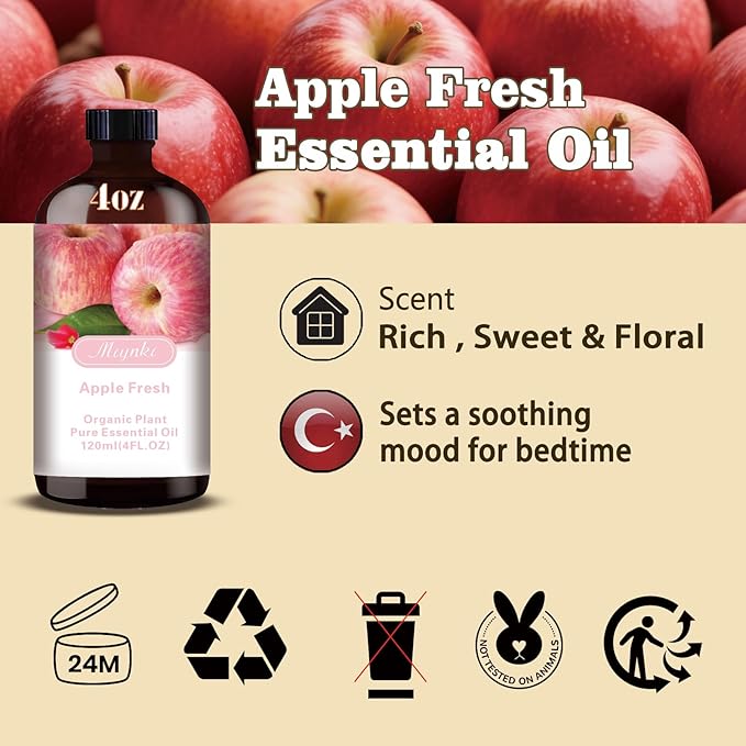 Apple Essential Oil – MLYNKL Apple Oils 4.33 fl oz for Diffusers, Humidifiers, Massage, DIY Candles, Soap, Cleaning, Home, Yoga, Office, Gifts - 130 ml