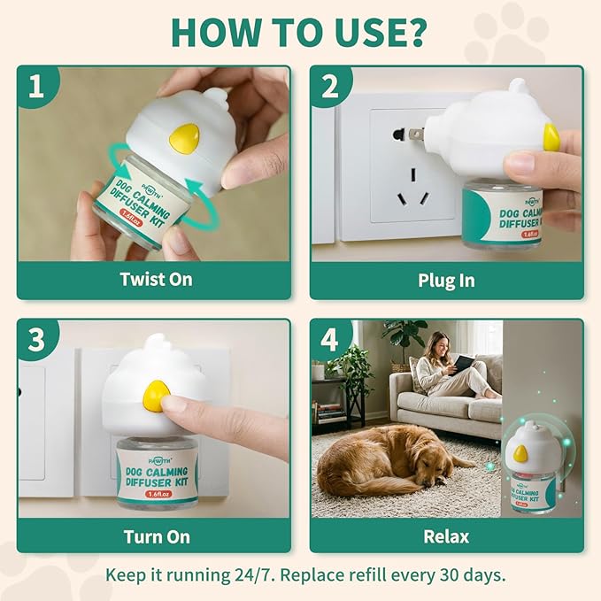 Dog Calming Diffuser with Pheromones – Calming Diffuser for Dogs, Helps Reduce Anxiety, Stress & Barking, Drug-Free Dog Pheromone Diffuser with 2 Refills