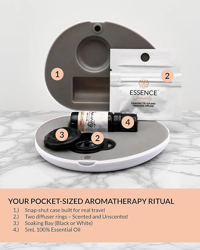 Essence Pearl Travel Case | Immunity Essential Oil | Aromatherapy Nasal Diffuser & Essential Oil Carrying Case | Eucalyptus, Lemon & Cinnamon Blend | Travel-Friendly Kit | Black Pod