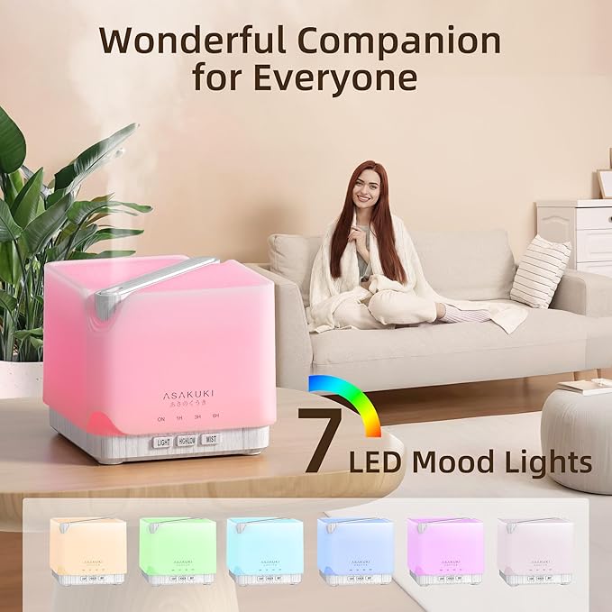 ASAKUKI Essential Oil Diffuser for Home, Large 700 ml Humidifier with Automatic Shut-Off, Quiet Aromatherapy Diffuser with 7 LED Lights for Living Room, Kitchen, Bedroom, Hotel, Gift for Mom - White