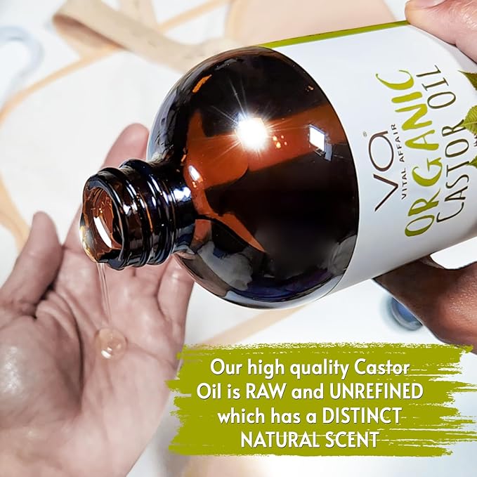 VITAL AFFAIR Pure Organic Castor Oil 32oz – Cold Pressed, Unrefined, USDA Organic – Glass Bottle for Hair Growth, Eyelashes, Eyebrows, Face & Castor Oil Packs