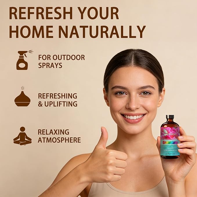 Geranium Essential Oil, 4 fl oz (120ml) - ZODION Geranium Fragrance Oil for Diffuser, Massage, Humidifier, DIY Candle, Soap Making, Home, Bath, Yoga