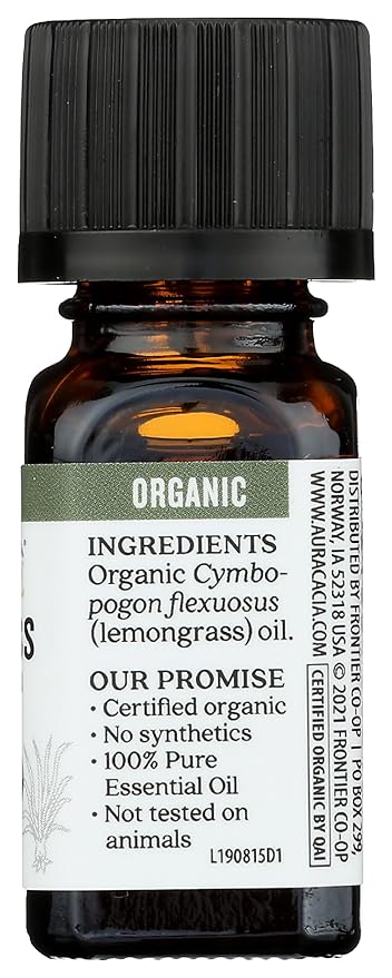 Aura Cacia Organic Lemongrass Essential Oil, GC/MS Tested for Purity, 7.4ml, 0.25 Fl Oz
