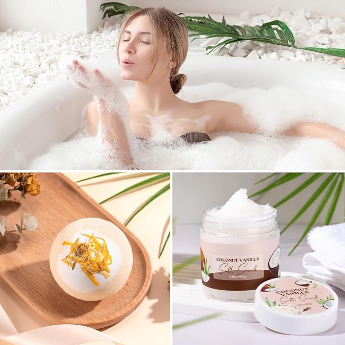 Mothers Day Gifts for Mom, Spa Gift Baskets for Women, Vanilla Coconut Bath and Body Gifts Set for Women, Home Spa Self Care Gift, Relaxing Bath Set for Mom Wife Sister Friends Sister Girlfriend