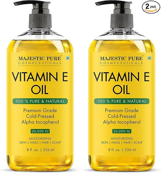 Majestic Pure Vitamin E Oil 8 Fl Oz - 100% Pure and Natural- Cold Pressed & Hexane Free Natural Hair Growth Oil for Eyelashes, Eyebrows, Skin, Body, Face, Nails & Scalp (Pack of 2)