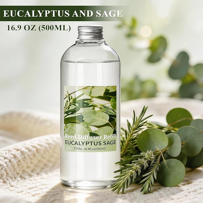 STRN Reed Diffuser Refill, Eucalyptus and Sage Scent Diffuser 500ml | 16.9 oz with 6 Reed Sticks, Room Fresheners for Home, Long-Lasting Fragrance for Living Room, Bedroom, Office