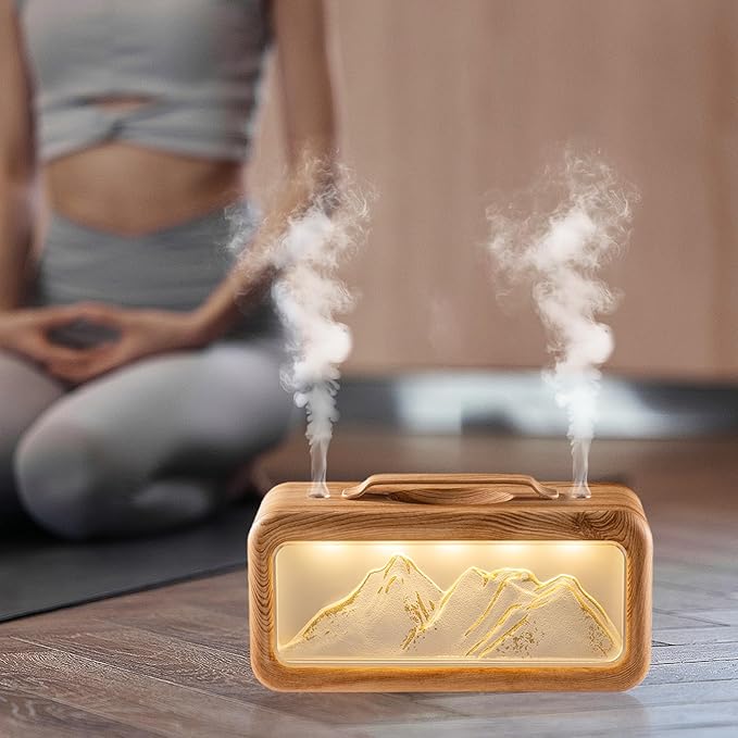 600ML Dual Mist Spray Snow Mountain Essential Oil Diffuser with 3 Modes Night Light USB Desktop Humidifier for Bedroom Home Office