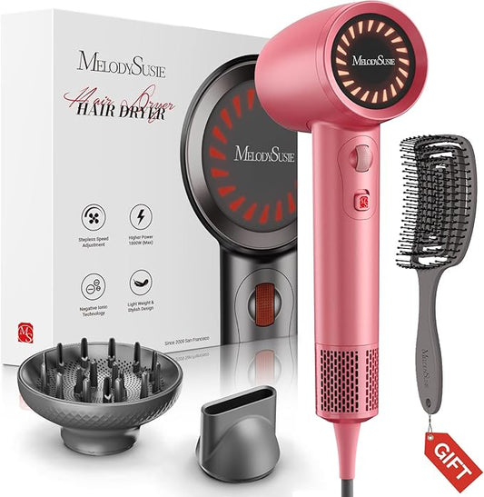 MelodySusie Hair Dryer with Diffuser, 1600W Fast Drying Low Noise Ionic Hair Dryer for Curly Hair with Diffuser,Nozzle and Hair Brush,120,000 RPM Blow Dryer Ideal for Women