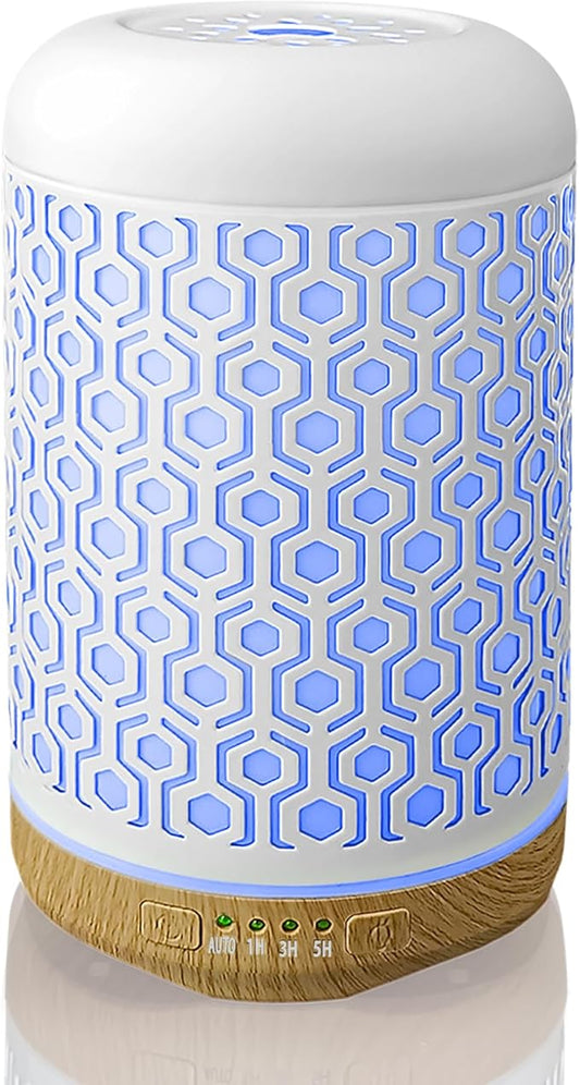 Essential Oil Diffuser, 250ml Iron-Art Ultrasonic Humidifier Aromatherapy Oil Diffuser with 4 Timer Mode & 7 Color Changing LED Lights, BPA-Free Waterless Auto-Off Aroma Diffuser (Off-White)