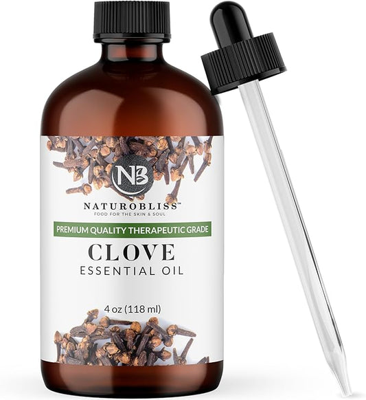 NaturoBliss Clove Essential Oil 4 oz – 100% Pure Clove Bud Oil for Aromatherapy, Diffuser & Humidifier Use, Warm Spicy Scent for Home Fragrance, Large Amber Glass Bottle