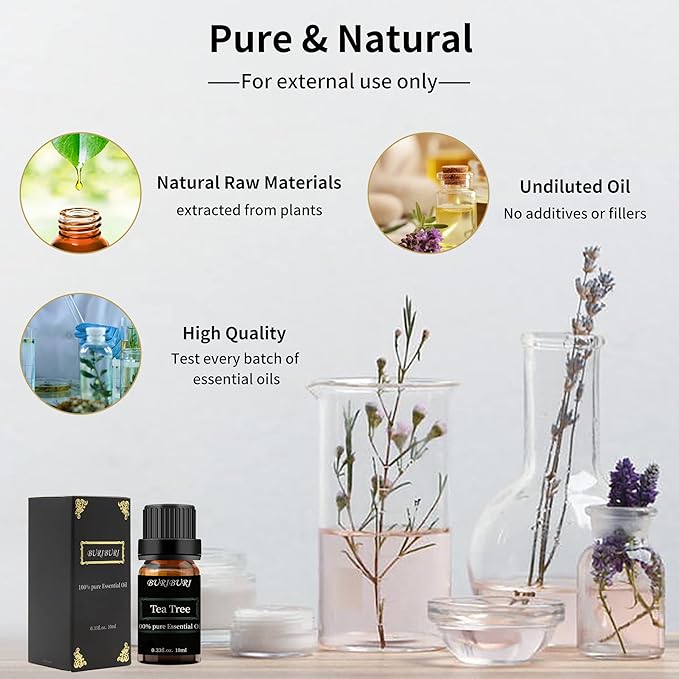 BURIBURI Tea Tree Essential Oil, 100% Pure, Undiluted, Natural Tea Tree Oil Aromatherapy Essential Oils 10ml for Diffuser, Massage