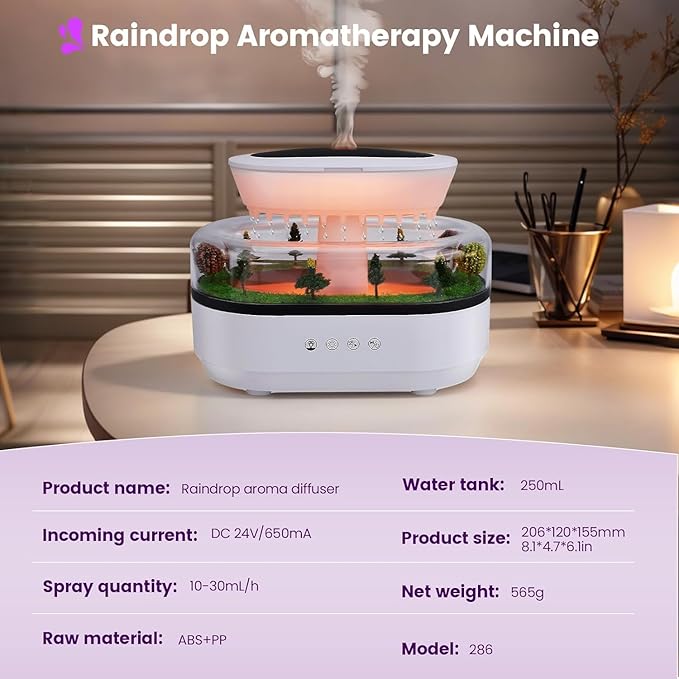 Essential Oil Diffuser 250ML Air Humidifier with 7-Color Adjustable LED Ambient Light,Water Drip Sound,Micro Landscape,Ultrasonic Quiet Mist,Ideal for Bedrooms,Offices & Plants (White)