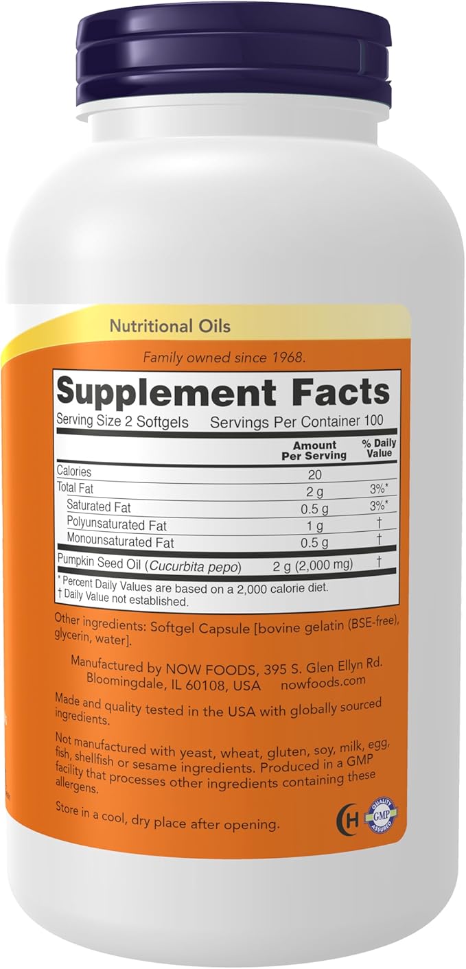 NOW Supplements, Pumpkin Seed Oil 1000 mg with Essential Fatty Acids and Phytosterols, Cold Pressed, 200 Softgels