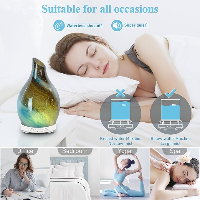 Essential Oil Diffuser 150ML Glass Aromatherapy Diffuser with 4 Timer Settings & 7 Color Changing Lights, Auto Shut-Off, Ultra Quiet Oil Diffuser for Home, Office, Yoga, Spa and Sleeping