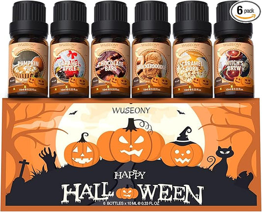 WUSEONY Halloween Fragrance Oils Set, Essential Oils for Diffusers Home, Scented Oils for Candle Soap Making - Pumpkin Pie, Caramel Apple, Chocolate Bars, Snickerdoodle, Caramel Corn, Witch's Brew