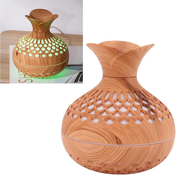 Humidifier , Flower Vase Shape Wood Grain 300ml Aromatherapy Diffuser USB Powered for Bedrooms (Amber)