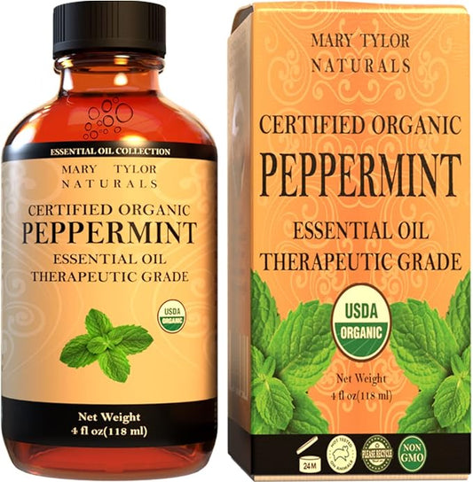 Organic Peppermint Essential Oil 4 oz, USDA Certified Mentha Piperita, Perfect for Aromatherapy, Diffuser, DIY by Mary Tylor Naturals