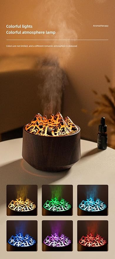 Essential Oil Diffuser, Volcano Fire Flame Aromatherapy Diffuser, 300ml Ultrasonic Cool Mist Humidifier, Scent Aroma Diffuser with 7 Colors Light, Timer&Auto Shut-Off for Home, Room (Dark Wood)