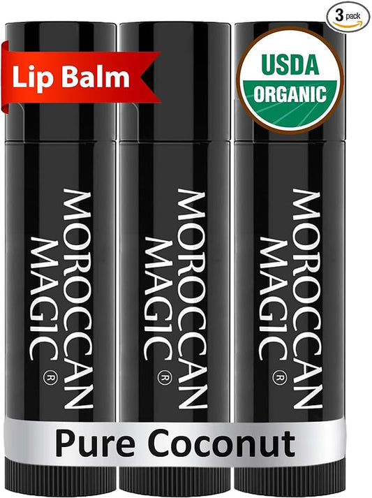 Moroccan Magic Organic Pure Coconut Lip Balm 3 Pack | Ultra-Hydrating Argan & Essential Oil Lip Moisturizer + Vitamin E | Natural Chapstick for Dry Lips | Smooth, Non-Toxic | Organic Lip Balm