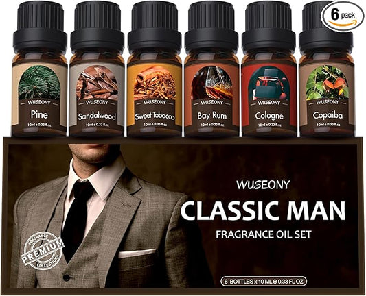 WUSEONY Classic Man Fragrance Oils Set, Mens Essential Oils Set - Pine, Sweet Tobacco, Bay Rum, Cologne, Copaiba, Sandalwood Candle Scents for Candle Making, Soap Making Supplies, Diffuser Oil Scents