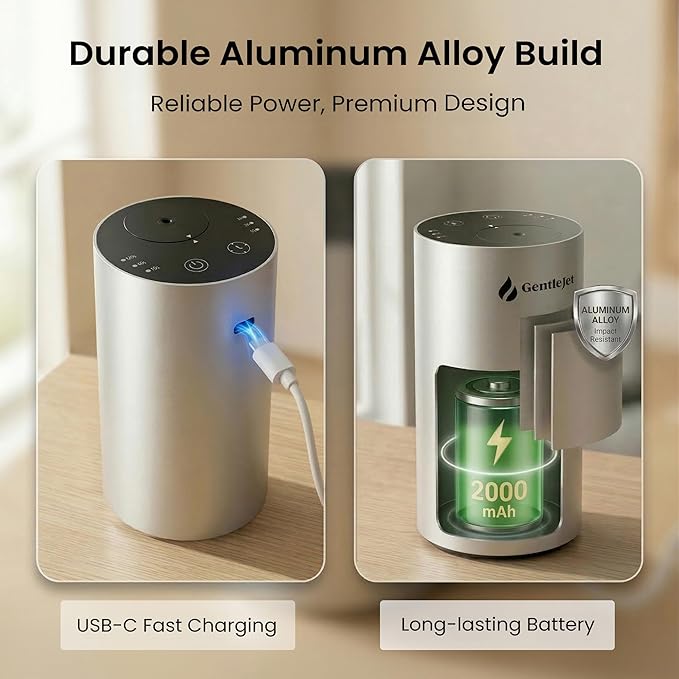 GentleJet LiteMist Waterless Nebulizing Essential Oil Diffuser – Cold Air Aromatherapy, USB-C Cordless 2000mAh Battery, Aluminum Portable for Home Office Car, 20ml