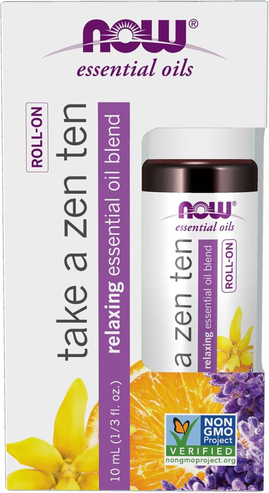 NOW Essential Oils, Take A Zen Ten Roll On, Non-GMO Project Verified, Relaxing Blend, Steam Distilled, Topical Aromatherapy, 10-mL