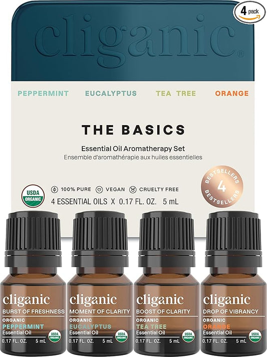 Cliganic Organic Essential Oils Gift Set (Top 4 - The Basics), 100% Pure Natural Aromatherapy - Peppermint, Eucalyptus, Tea Tree & Orange