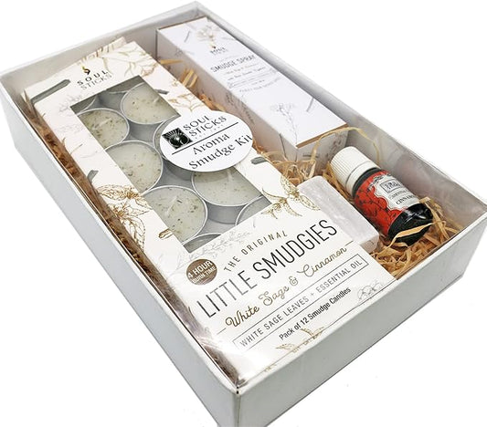 SOUL STICKS Aroma Smudge Kit | Gift Set with Little Smudgies Candles, Smudge Spray, Essential Oil and 2 Selenite Wand in White Gift Box (Cinnamon)