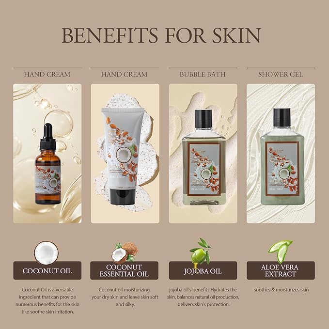 Mothers Day Gifts for Women, Coconut Almond spa kit, Bath and Body Gift Basket for Women & Men Spa Gift Basket,16 Pcs Bath Gift Set With Fragrant Lotion, Home Spa Luxurious Body Oil, Diffuser