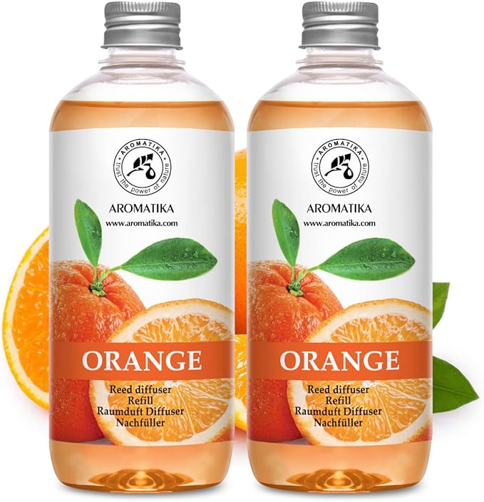 Orange Room Diffuser Refill Set 2*17 Fl Oz - Room Fragrance Diffuser with Natural Essential Orange Oil - Best for Aromatherapy - Spa - Home - Kitchen - Bath - Office - Fintess - Restaurant - Boutique