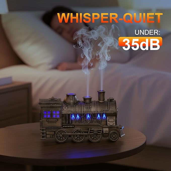 Christmas Train Diffusers for Essential Oils with Remote Control, 300ml Vintage Aroma Air Steam Train Humidifier, 2-Color Led Light