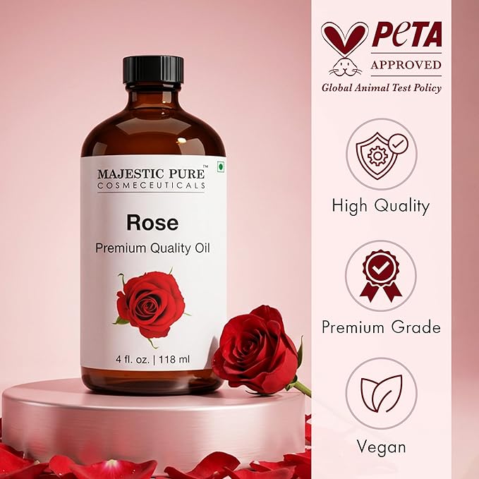 Majestic Pure Rose Premium Essential Oil 4 Fl Oz for Diffusers, Humidifiers, Massage, DIY Candles, Soap, Cleaning, Home, Yoga, Office, Gifts - 118 ml
