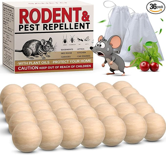 Mouse Repellent 36 Balls, Peppermint Rodent Repellent for Indoor & Outdoor Use, Long-Lasting Safe Mice Deterrent, Natural Effective Moth Balls for Rodent Control for Home, Car & Garden
