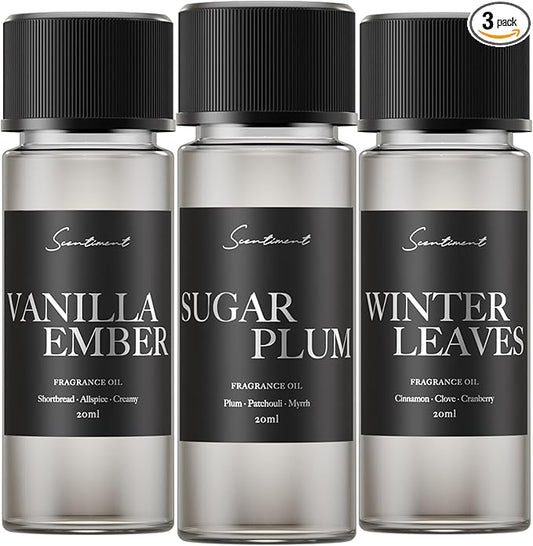 Scentiment Discovery Set – Vanilla Ember, Sugar Plum & Winter Leaves | Warm Sweet Spiced Fragrance Oils | Cozy Home Scent Sampler for Cold Air Diffusers 3 x 0.68 fl oz (20 mL)