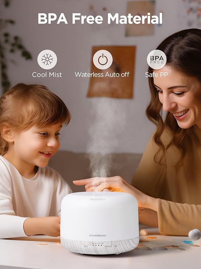 InnoGear 500ml Essential Oil Diffuser with Remote Control, Premium Ultrasonic Aromatherapy Diffusers Mother's Gift Scent Humidifier Vaporizer Auto-Off Timer for Large Room Home, White