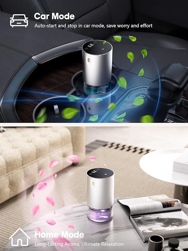 Waterless Essential Oil Diffuser, Rechargeable Aromatherapy Scent Diffusers for Home, Car, Bedroom, Office, 1/2/4/8-Hour Timer, 100ml Capacity, 3 Mist Levels, Silver