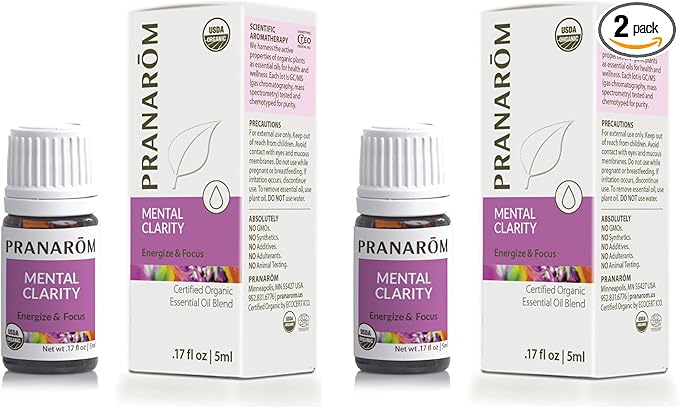 Pranarom - Mental Clarity & Focus Essential Oil, Pure Essential Oil for Diffusers, Revitalizing Aroma Oil, Lavender, Lemon, Peppermint, and More, Organic Essential Oil Blend, 2 Pack of 5ml Each