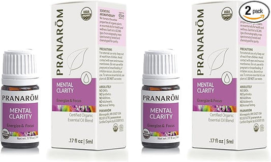 Pranarom - Mental Clarity & Focus Essential Oil, Pure Essential Oil for Diffusers, Revitalizing Aroma Oil, Lavender, Lemon, Peppermint, and More, Organic Essential Oil Blend, 2 Pack of 5ml Each