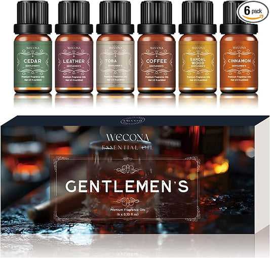Men's Essential Oils for Diffusers for Home - 6x10ML Fragrance Oil for Candle Making - Leather, Sandalwood, Coffee, Cedarwood, Cinnamon & Amber Accord | Essential Oil Set for Soap & Gifts