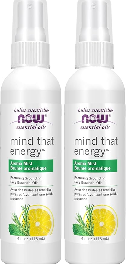 Now Essential Oils Mind that Energy Aroma Mist, 4 Fl. Oz - Peppermint, Lemon, Frankincense, Rosemary, Lavender, Sandalwood - Aromatherapy, Organic, Beige (Pack of 2)