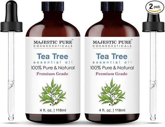 Majestic Pure Tea Tree Essential Oil with Glass Dropper - 4 Fl Oz Pack of 2-100% Pure and Natural Tea Tree Oil - Premium Grade Essential Oils for Diffuser, Aromatherapy, Soap and Candle Making
